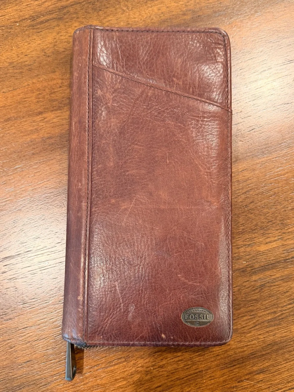 Vintage Fossil Brown Leather Zip Around Passport Travel Organizer